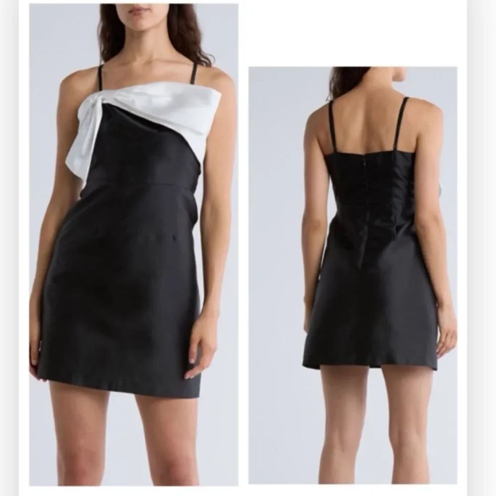 Anthropologie Hutch Serena Bow A-Line Mini Dress Black White Satin $286
